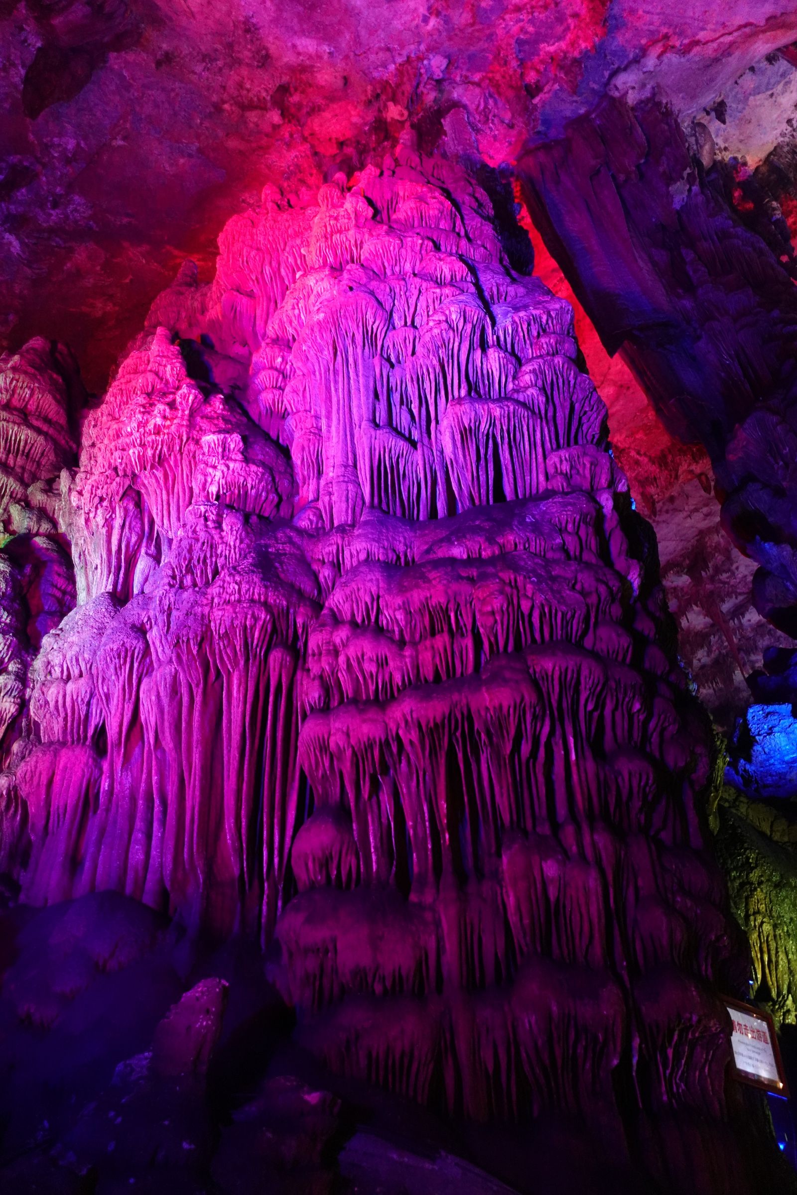 Illuminated stalactite formations inside a cave
