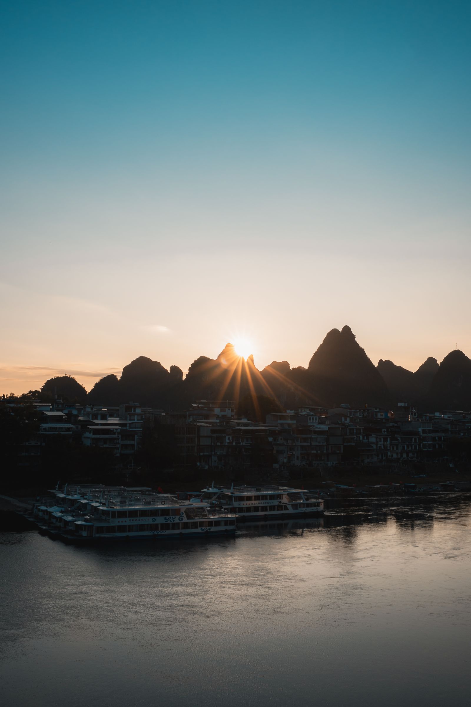 Sunset light on karst mountains near Guilin