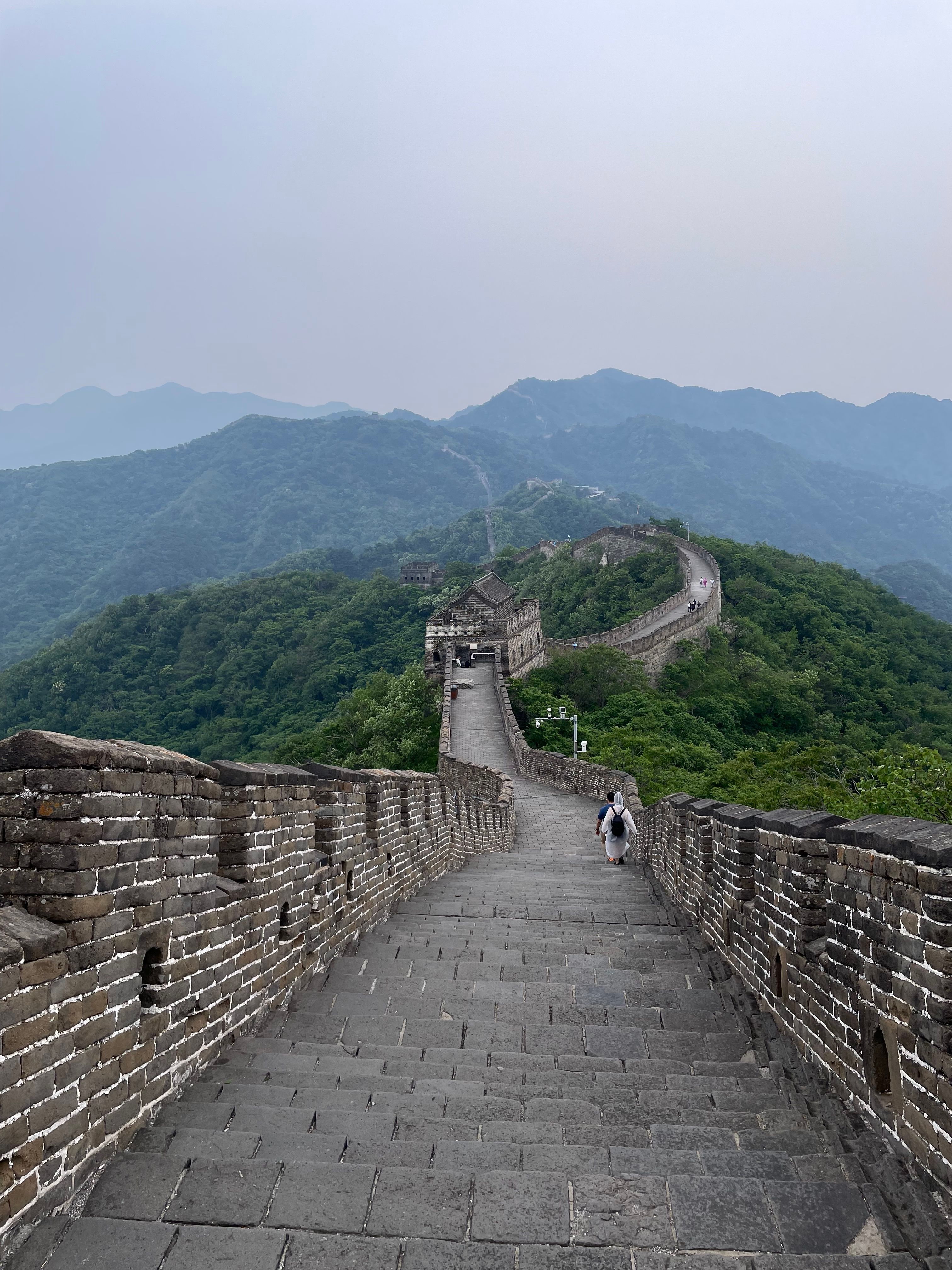 A section of the Great Wall winding over green hills