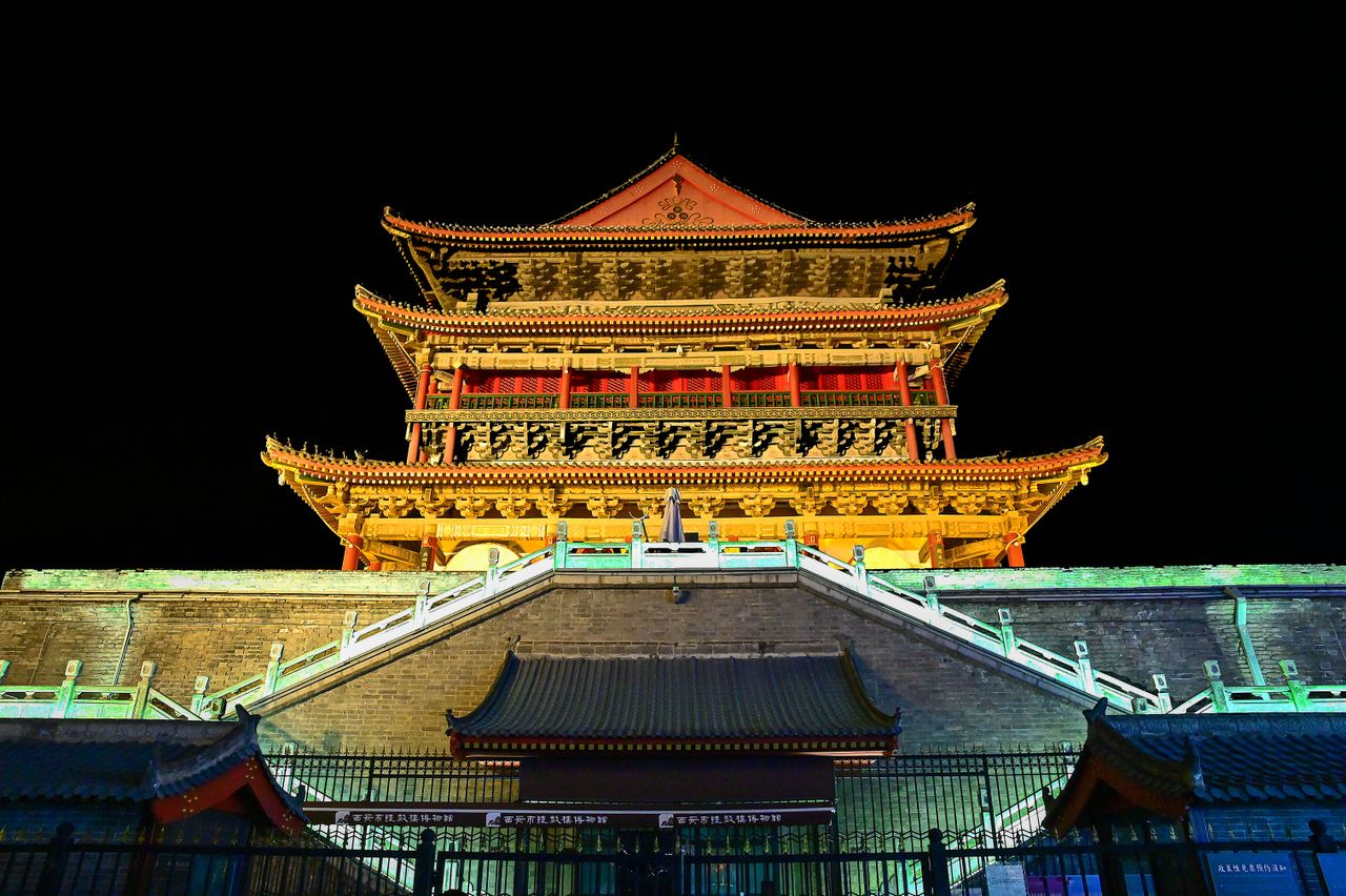 The illuminated Bell Tower of Xi'an at night
