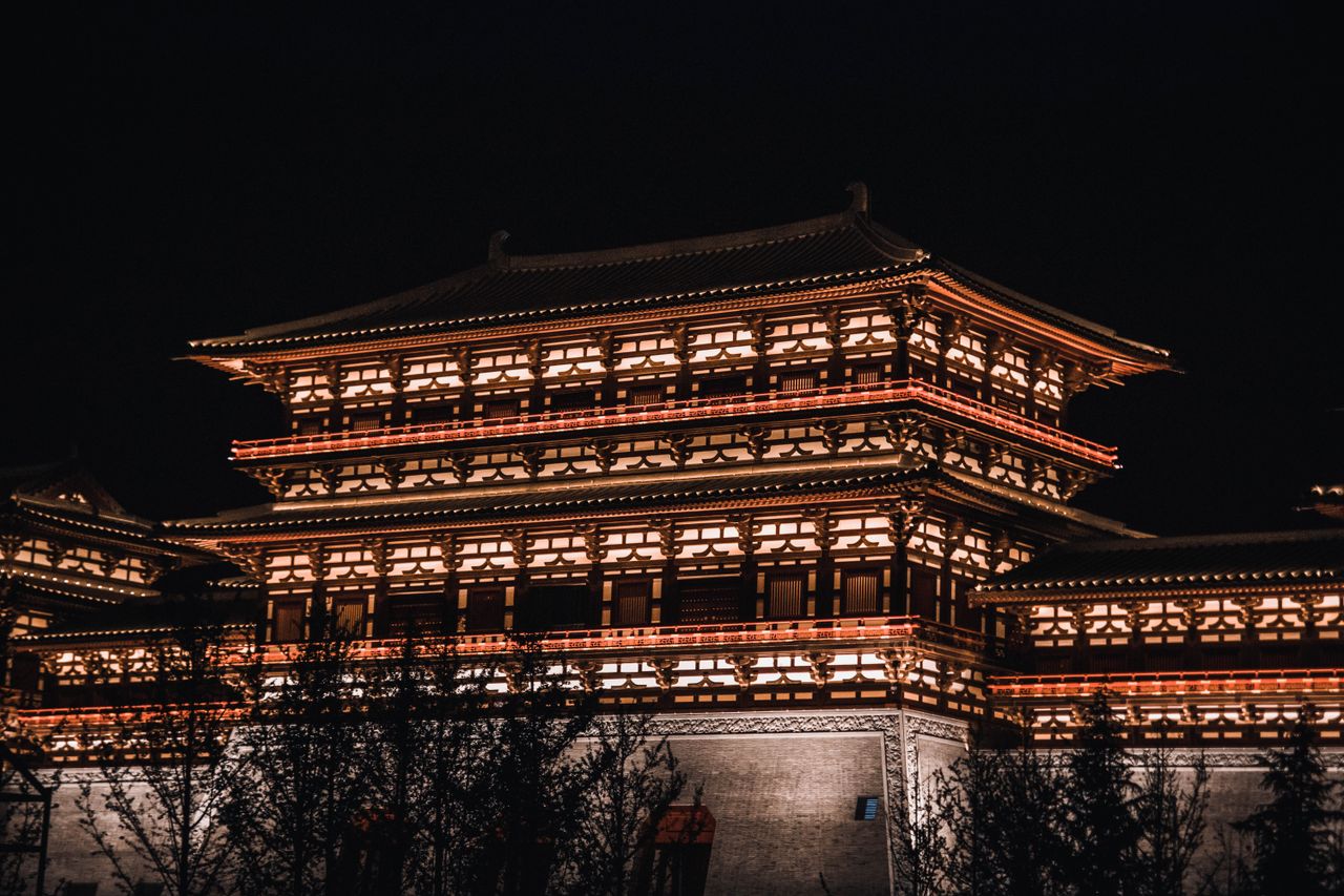 The Drum Tower of Xi'an lit at night