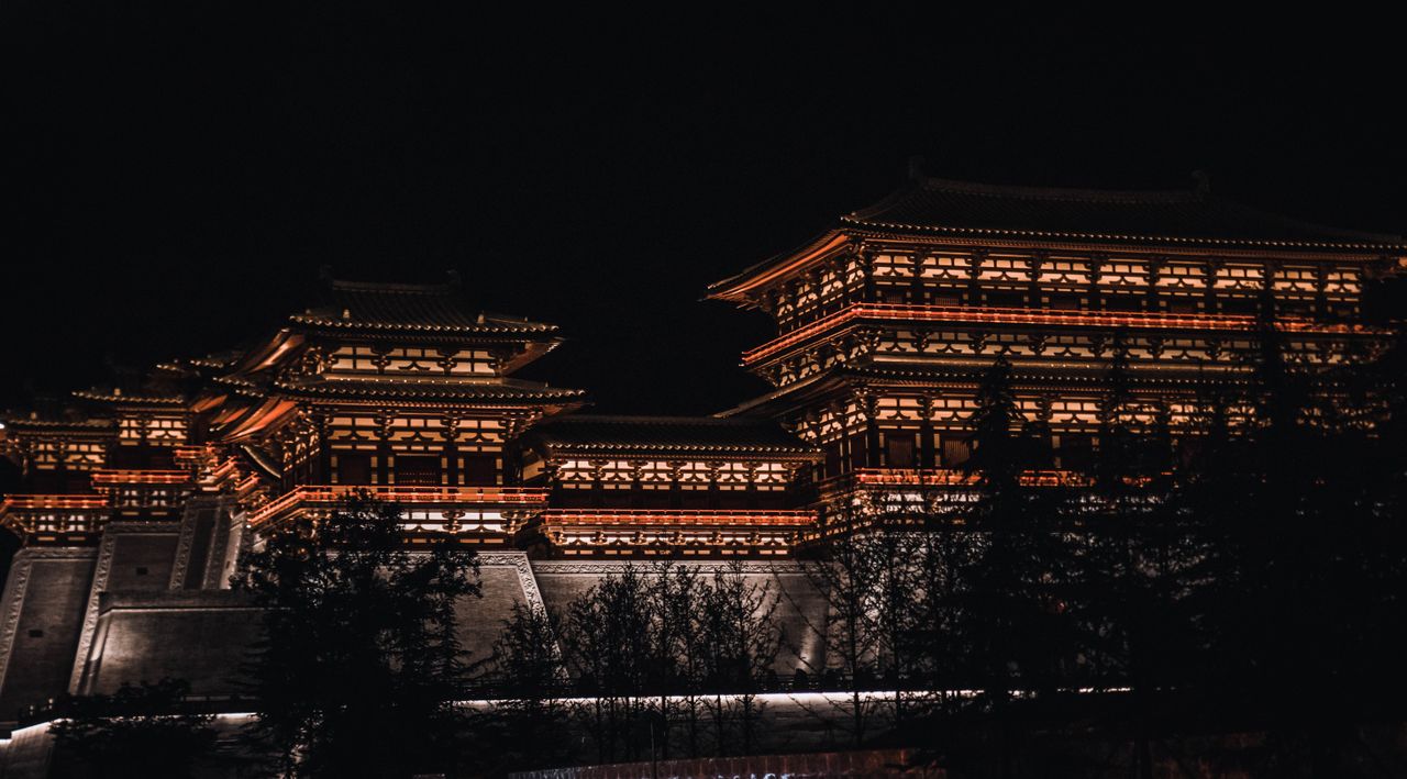 The lit pavilions of Tang Paradise at night in Xi'an