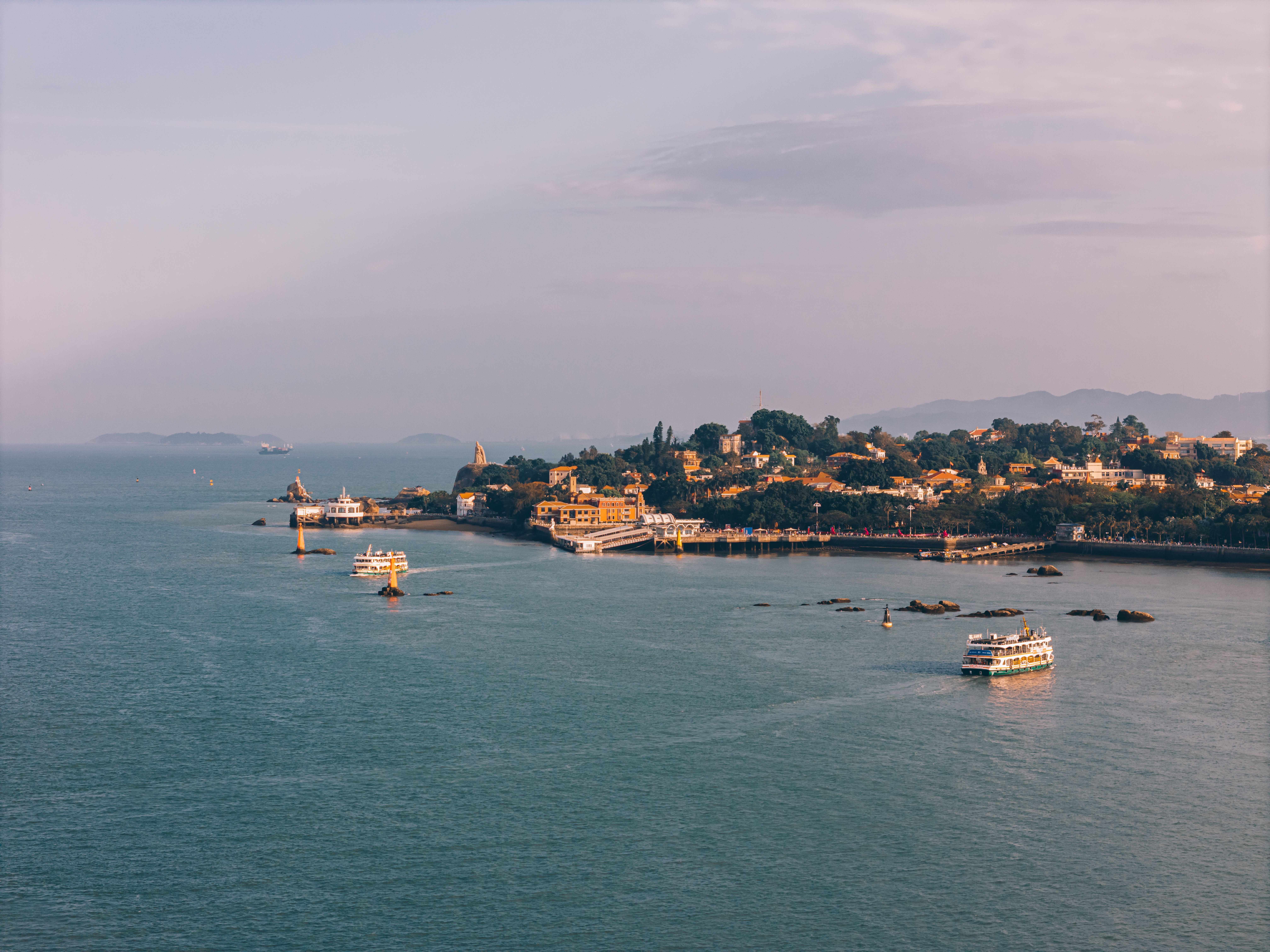 Aerial view of Gulangyu Island with old lanes and the sea