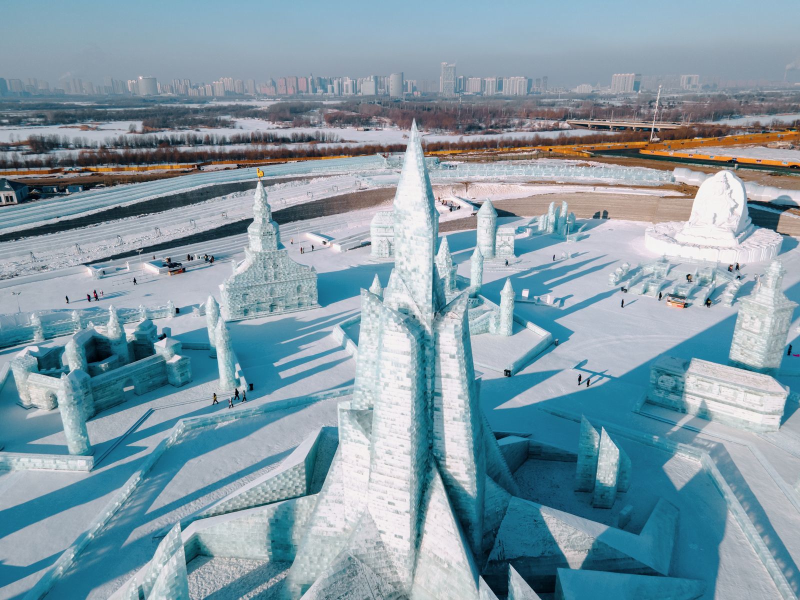The Harbin Ice and Snow World at night, with illuminated ice castles and sculptures